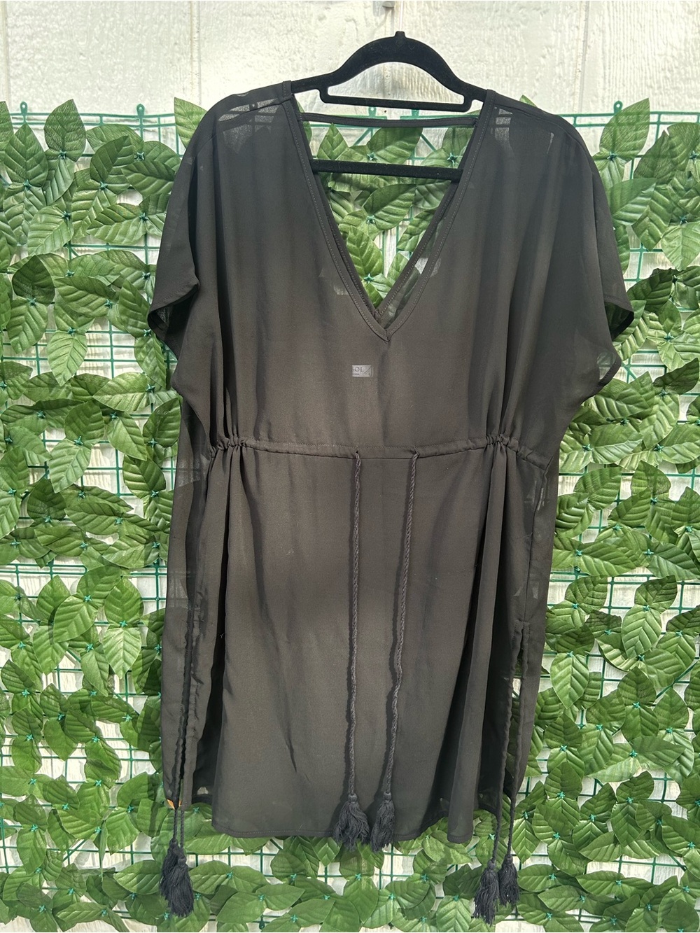 Black Sheer V-Neck Tassel Tie Tunic Cover-up